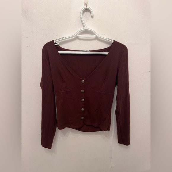 Reformation Button Crop Ribbed Long Sleeve Brown Sz Large - Picture 1 of 4
